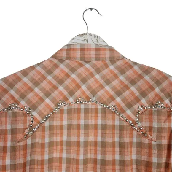 ARIAT Top Womens Large Orange Plaid Pearl Snap Western Shirt Beaded Bling Fitted - Picture 7 of 8